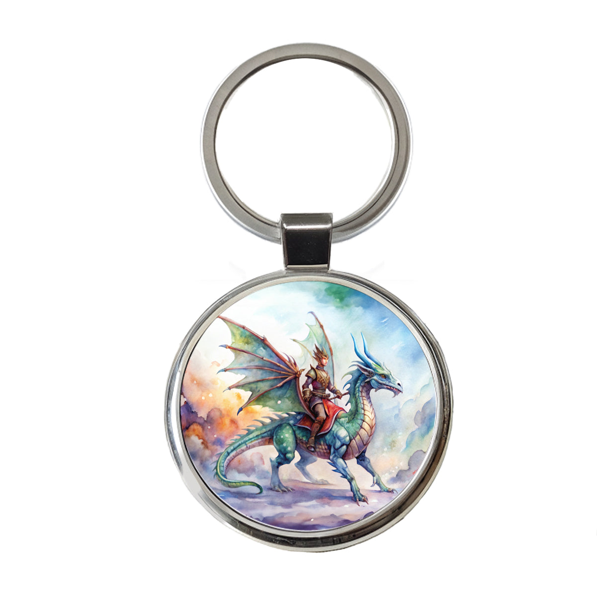 Dragon Rider Watercolor Round Metal Keychain