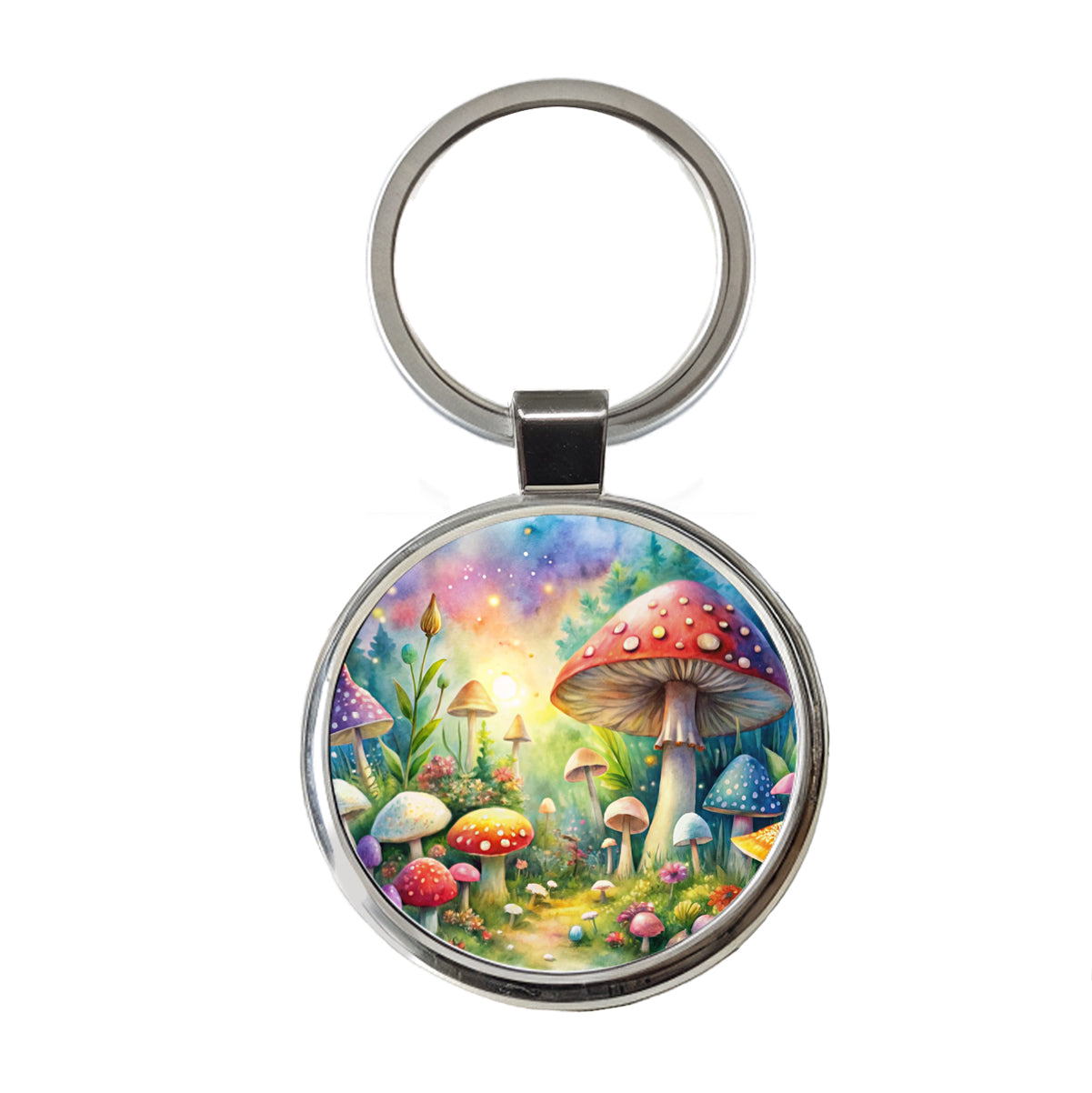 Fantastical Magical Mushroom Garden Watercolor Round Metal Keychain