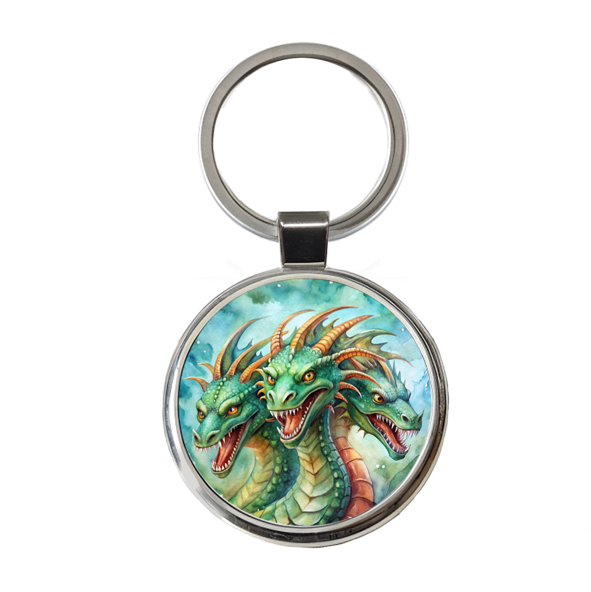 Fantasy Hydra Heads Mythical Monster Watercolor Round Metal Keychain