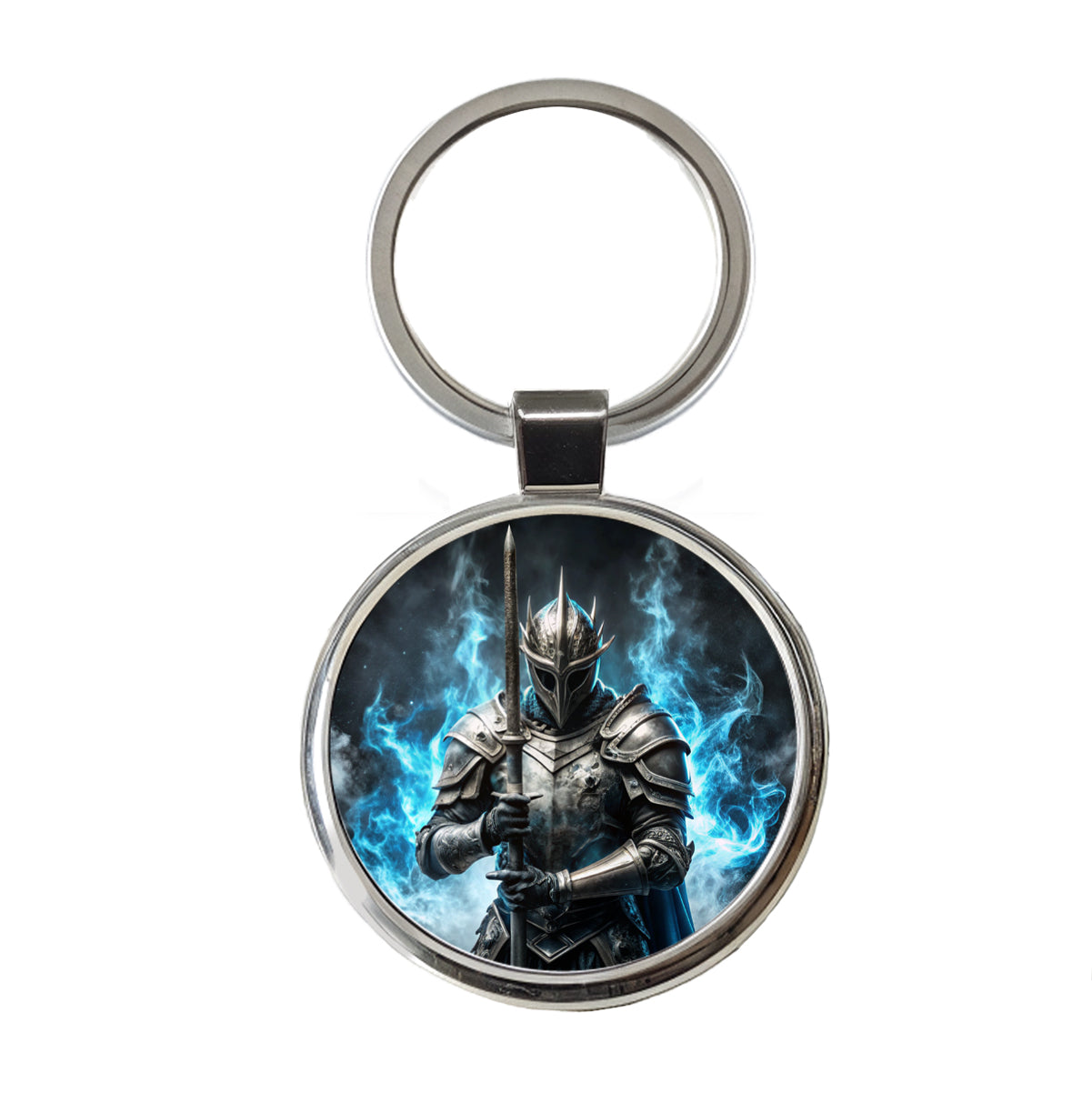 Fantasy Warrior Knight Blue Flames Round Metal Keychain