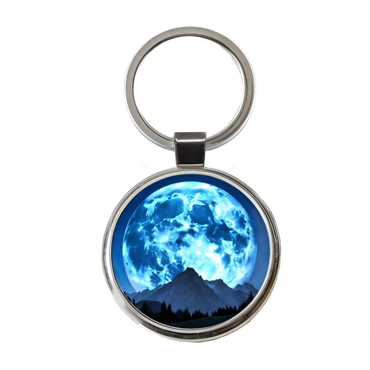 Large Blue Moon Over Mountain Range Round Metal Keychain
