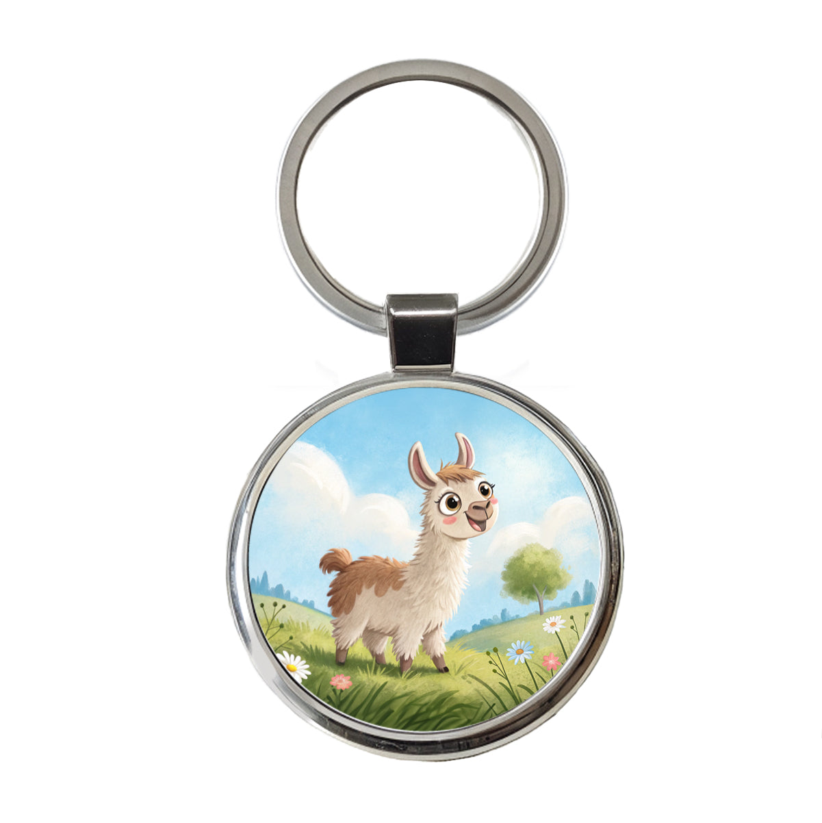 Llama Children's Illustration Style Round Metal Keychain