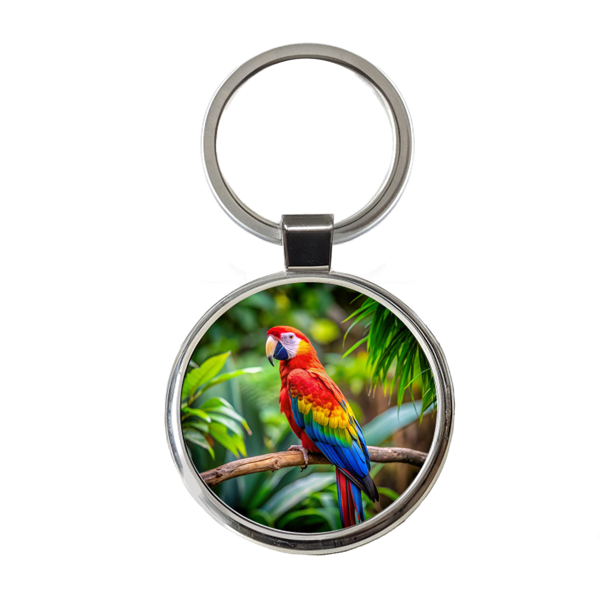 Macaw Parrot Bird On Branch Round Metal Keychain