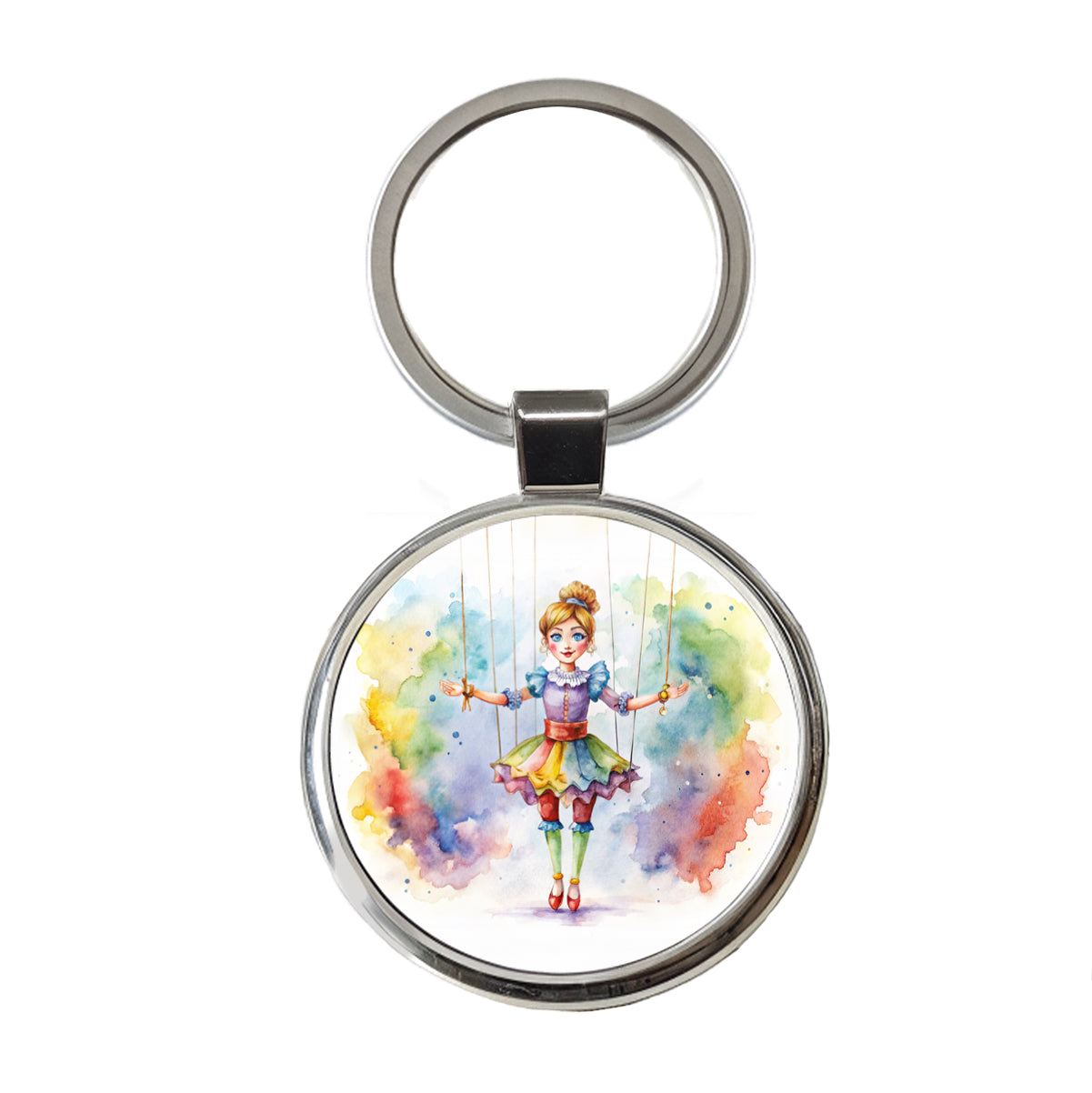 Marionette Puppet on Strings Watercolor Round Metal Keychain