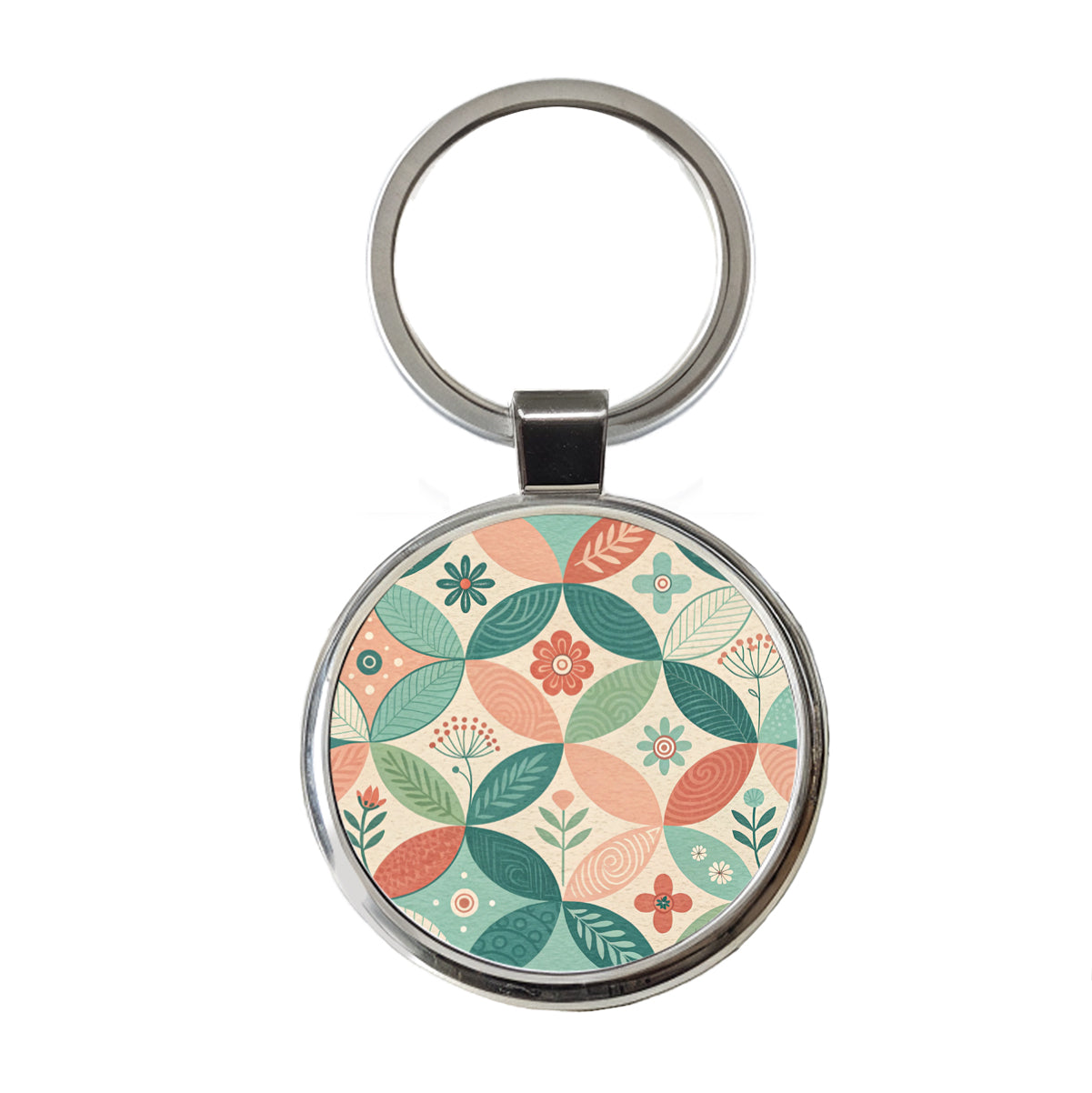 Mid-Century Flower Leaf Pattern Design Round Metal Keychain