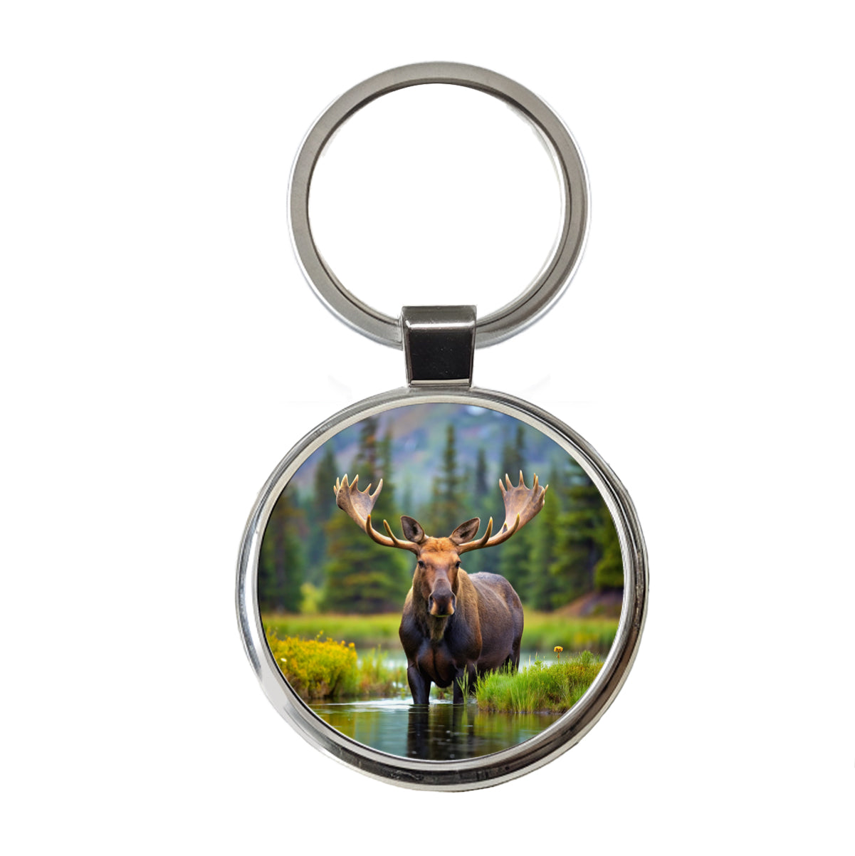 Moose Round Metal Keychain