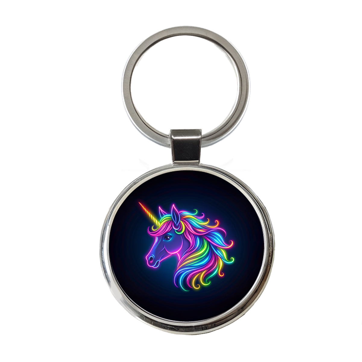 Neon Unicorn Head Fantasy Round Metal Keychain