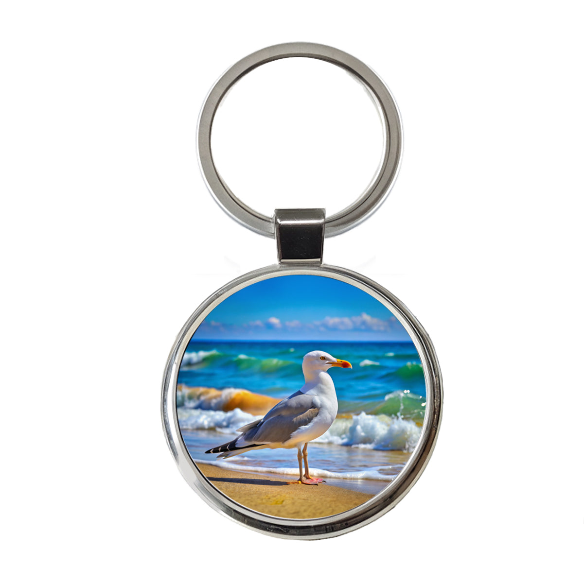 Seagull On Beach Round Metal Keychain