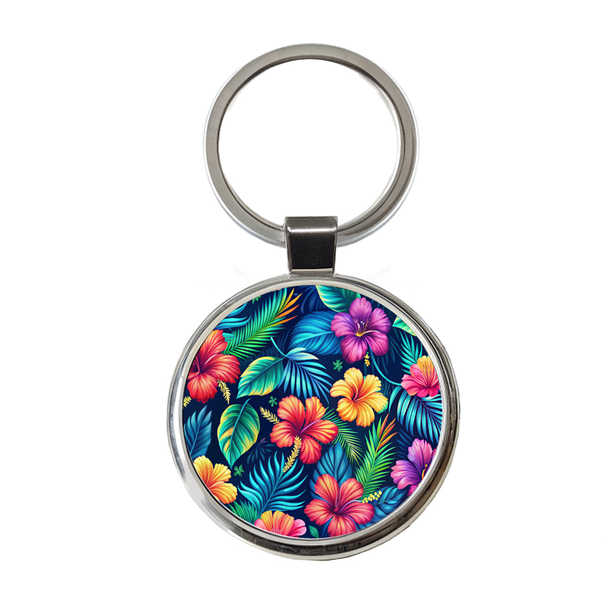 Tropical Neon Hibiscus Floral Pattern Round Metal Keychain