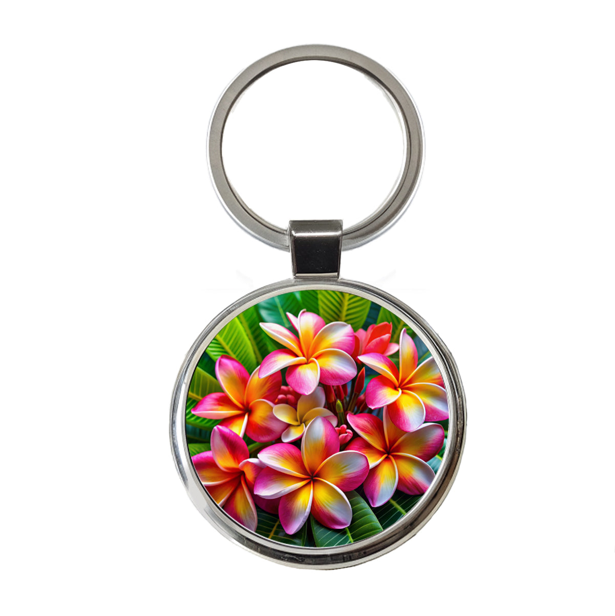 Tropical Pink Yellow Plumeria Flowers Round Metal Keychain