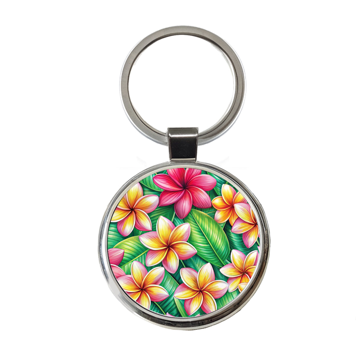 Tropical Plumeria Floral Pattern Round Metal Keychain