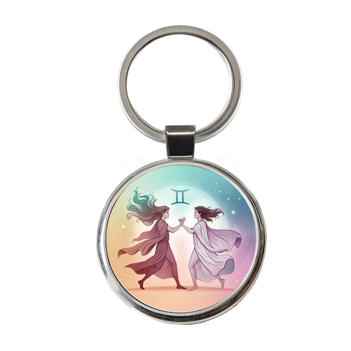 Zodiac Horoscope Symbol Gemini Twins Round Metal Keychain