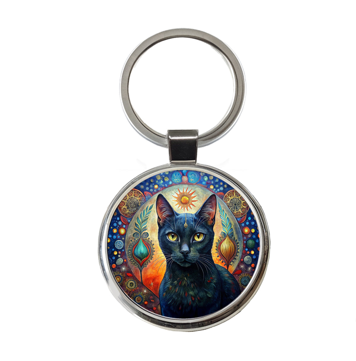 Black Cat Bohemian Art Round Metal Keychain