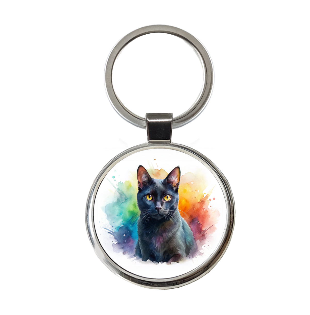 Black Cat Watercolor Style Round Metal Keychain