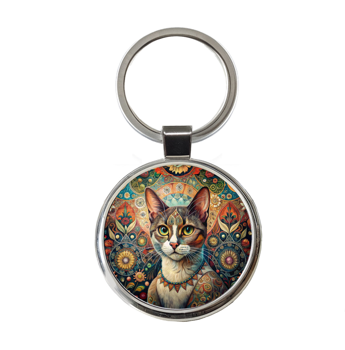 Calico Cat French Bohemian Art Round Metal Keychain