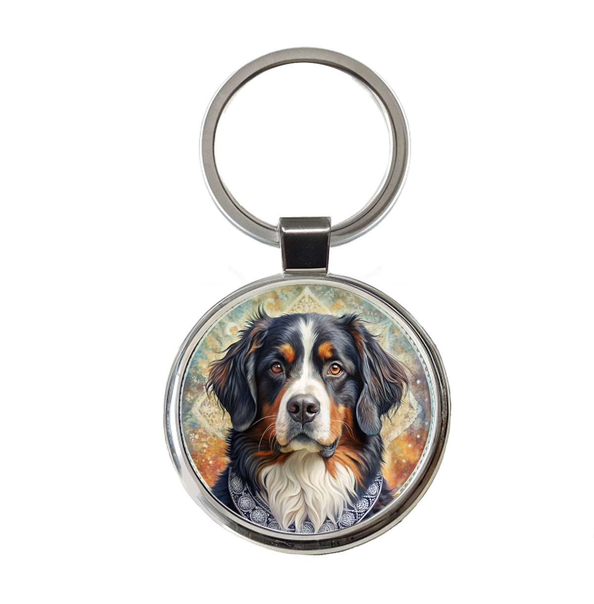 Bernese Mountain Dog French Bohemian Art Round Metal Keychain