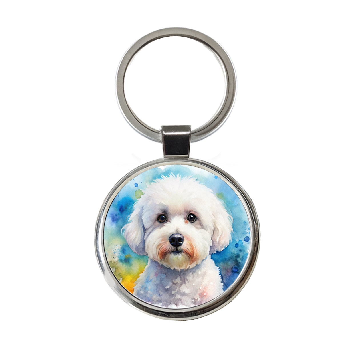 Bichon Frise Dog Watercolor Style Round Metal Keychain
