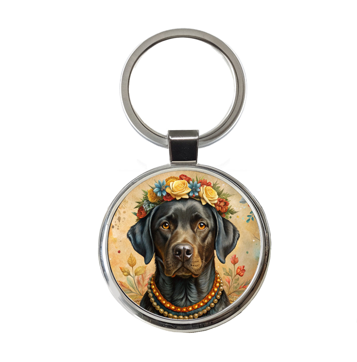 Black Labrador Retriever Dog French Bohemian Art Round Metal Keychain