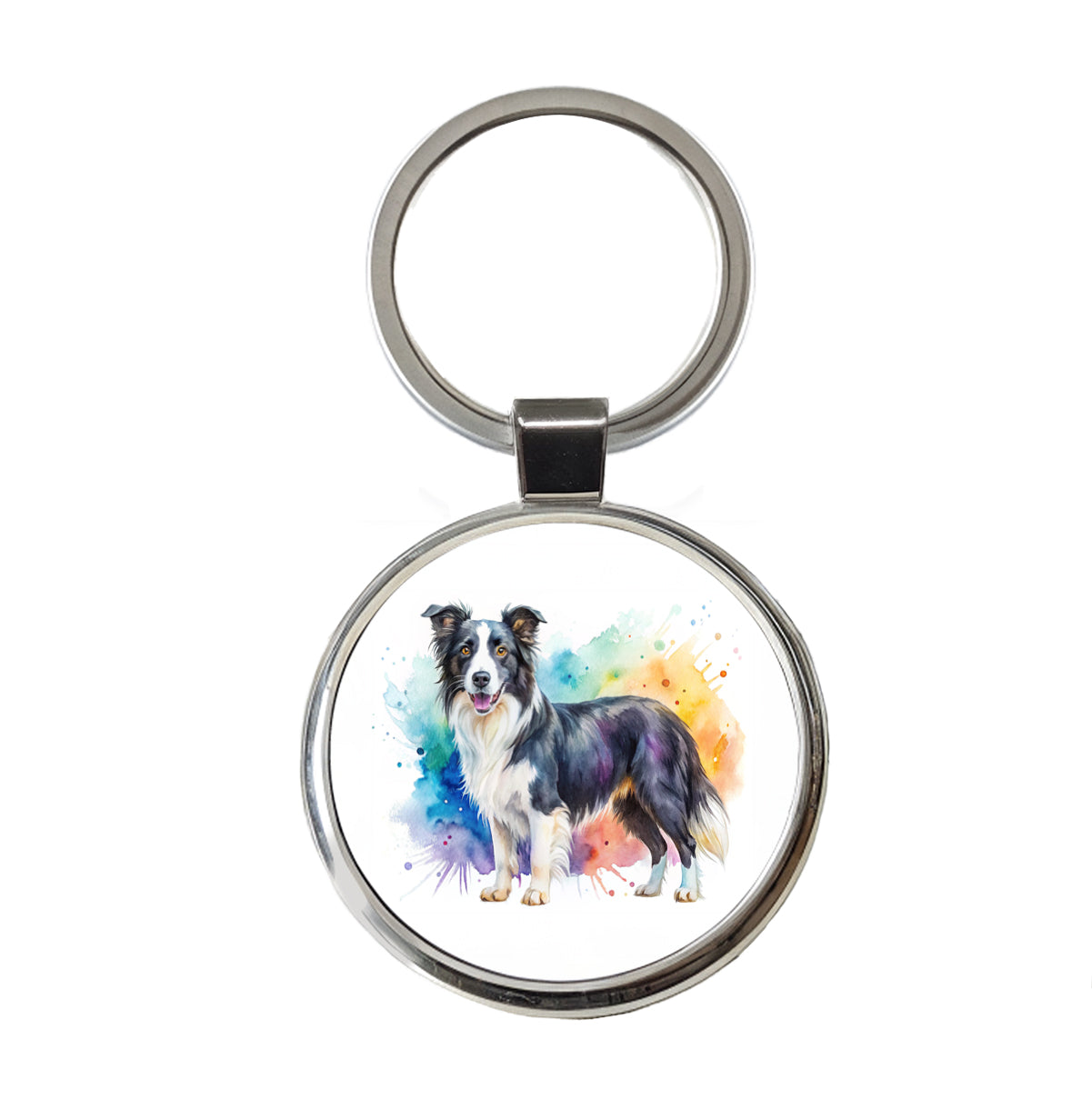 Border Collie Dog Watercolor Style Round Metal Keychain