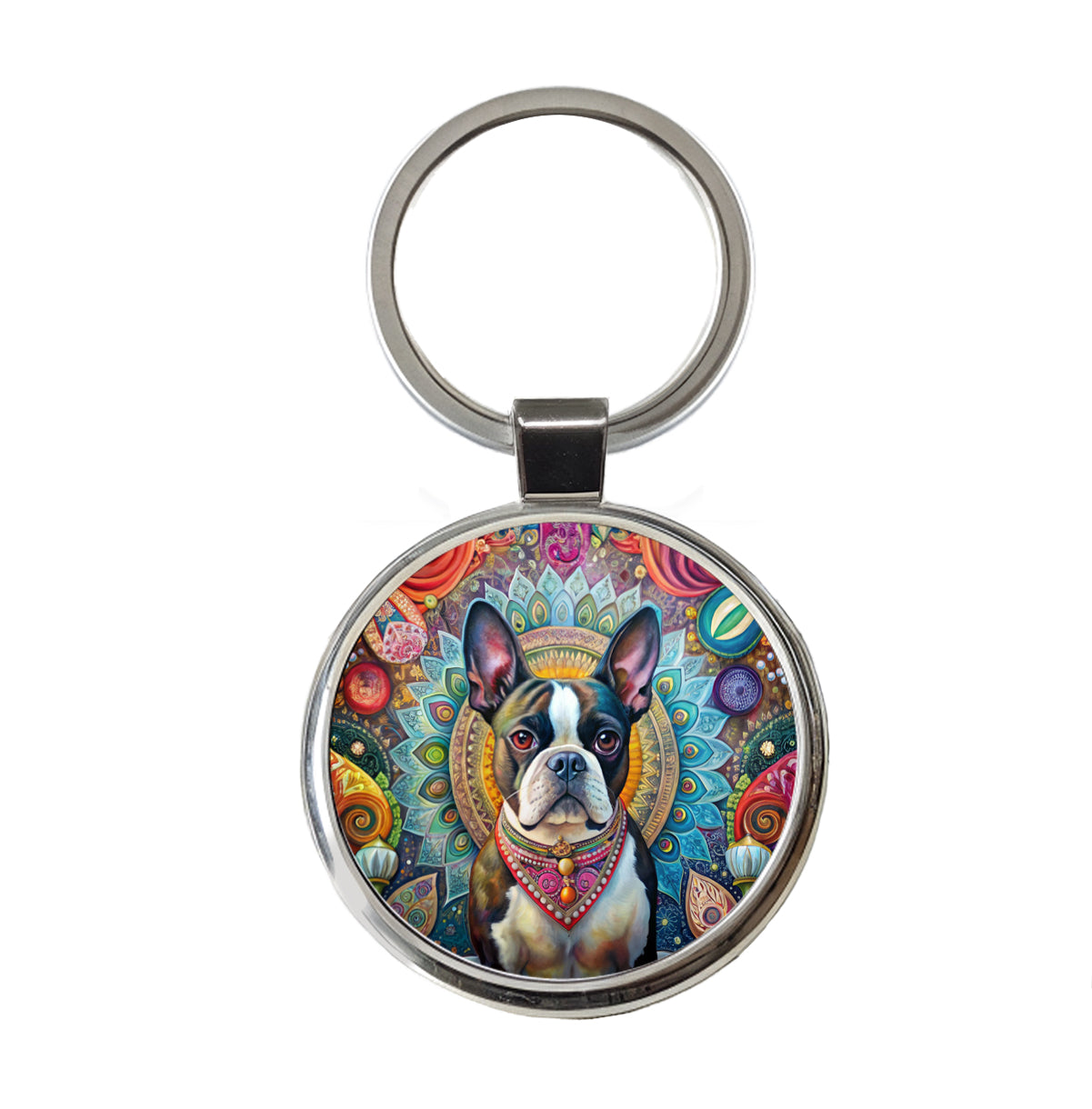 Boston Terrier Dog Bohemian Art Round Metal Keychain