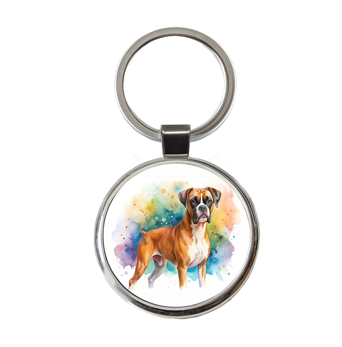Boxer Dog Watercolor Style Round Metal Keychain