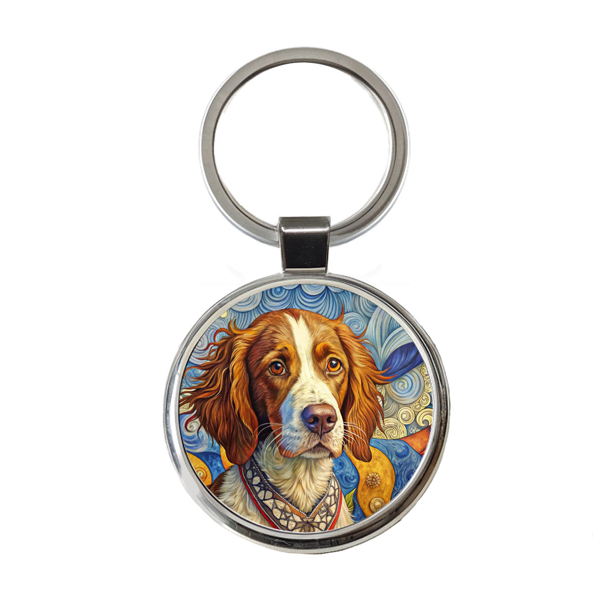 Brittany Spaniel Dog French Bohemian Art Round Metal Keychain