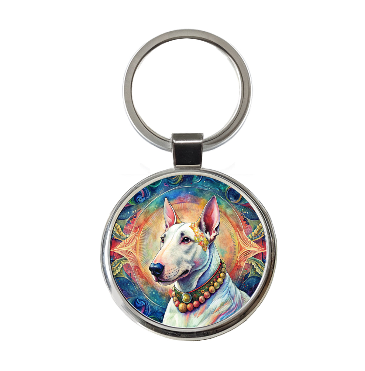 Bull Terrier Dog Bohemian Art Round Metal Keychain