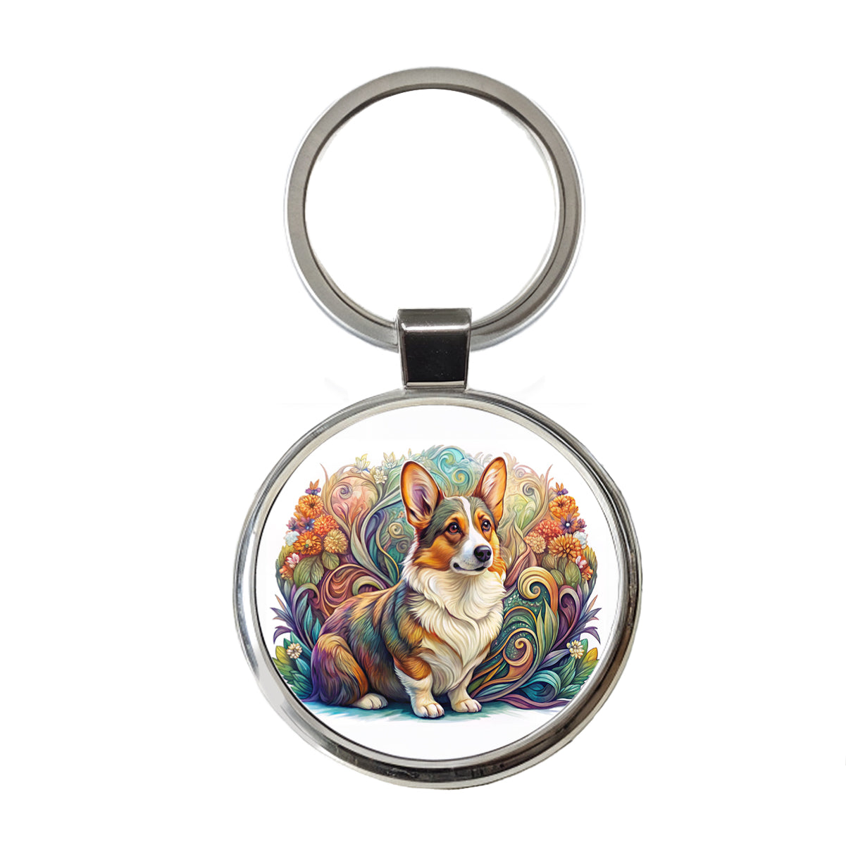 Cardigan Welsh Corgi Dog Art Nouveau Round Metal Keychain