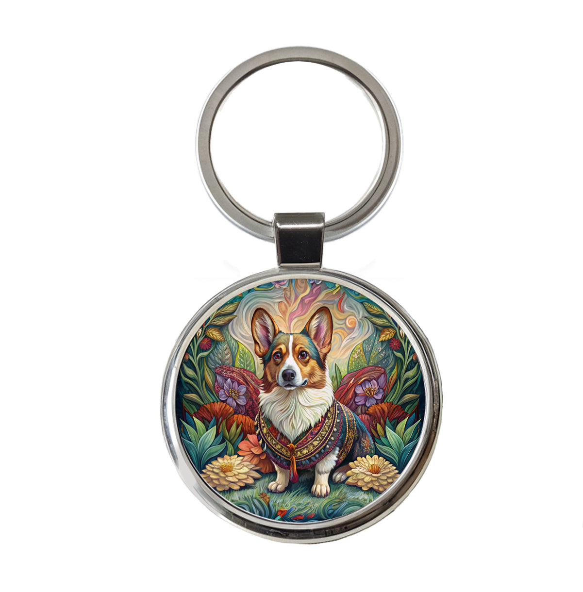 Cardigan Welsh Corgi Dog French Bohemian Art Round Metal Keychain