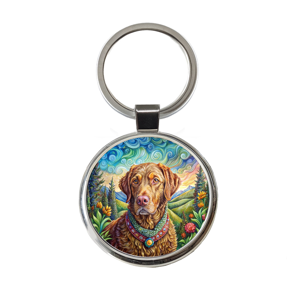 Chesapeake Bay Retriever Dog French Bohemian Art Round Metal Keychain