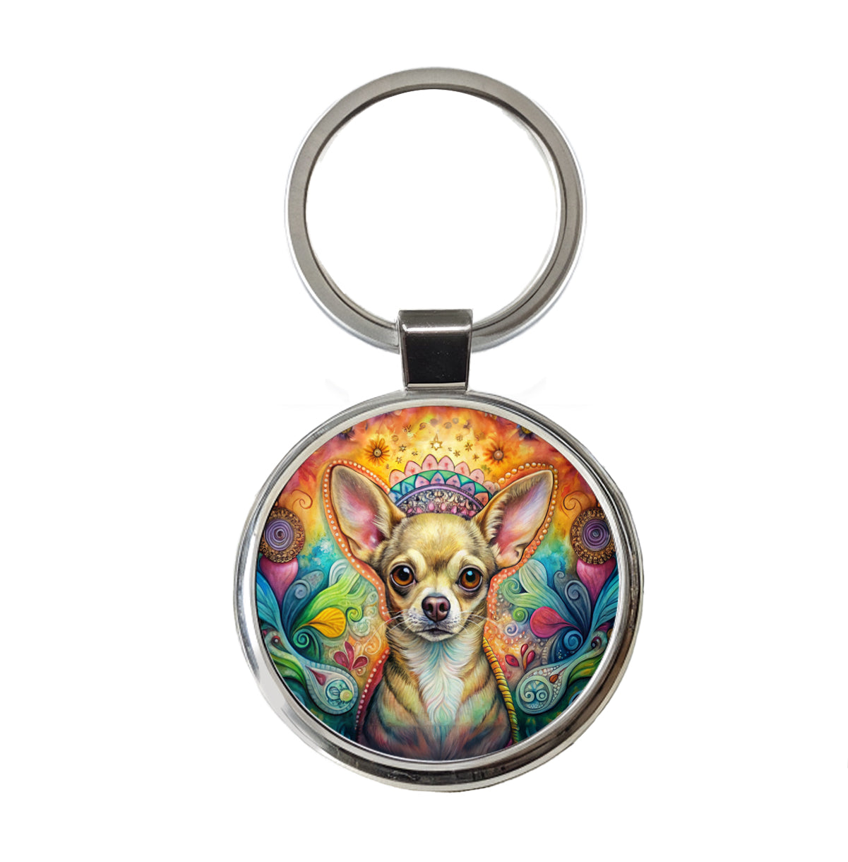 Chihuahua Dog Bohemian Art Round Metal Keychain