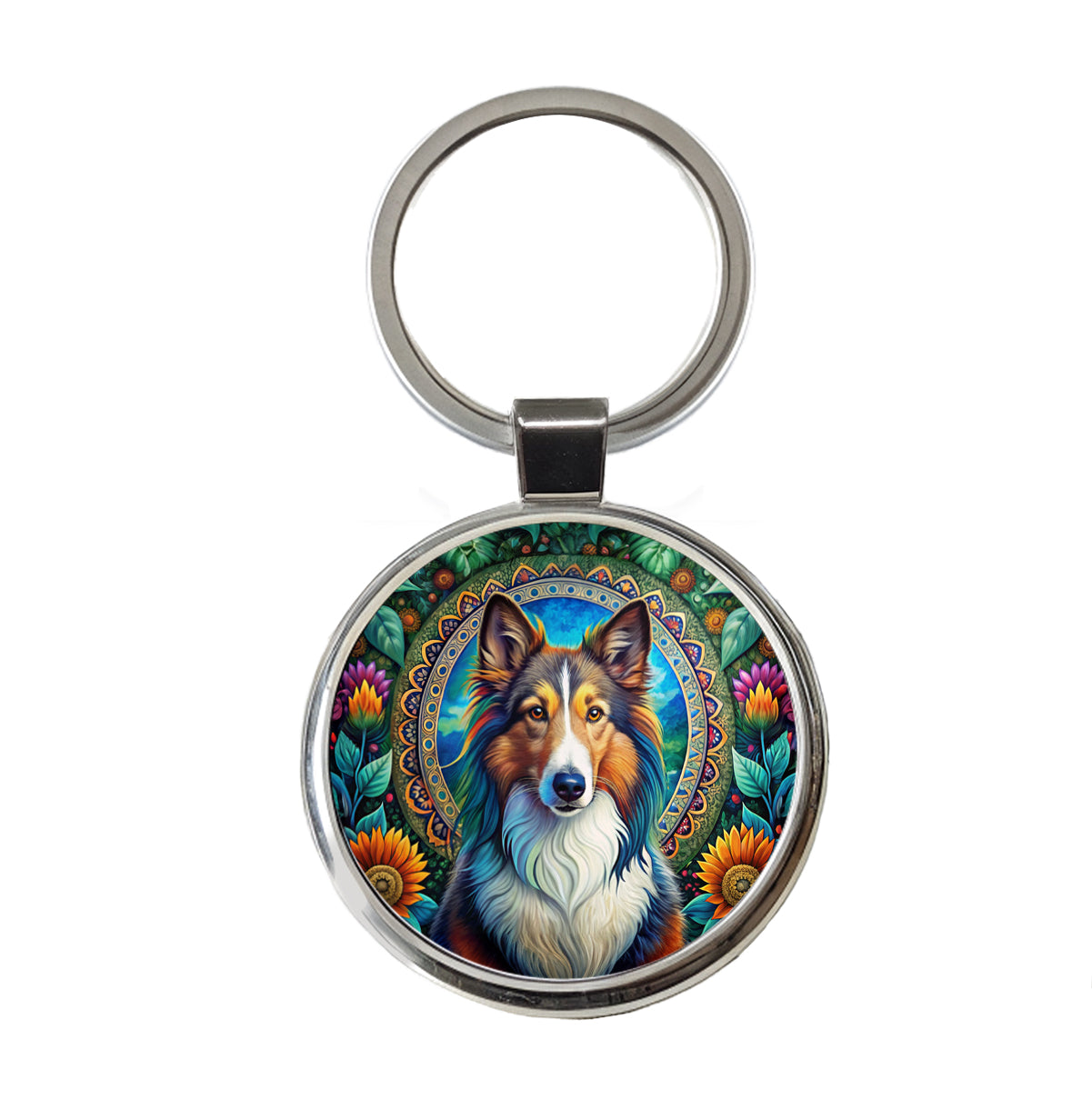 Collie Dog Bohemian Art Round Metal Keychain