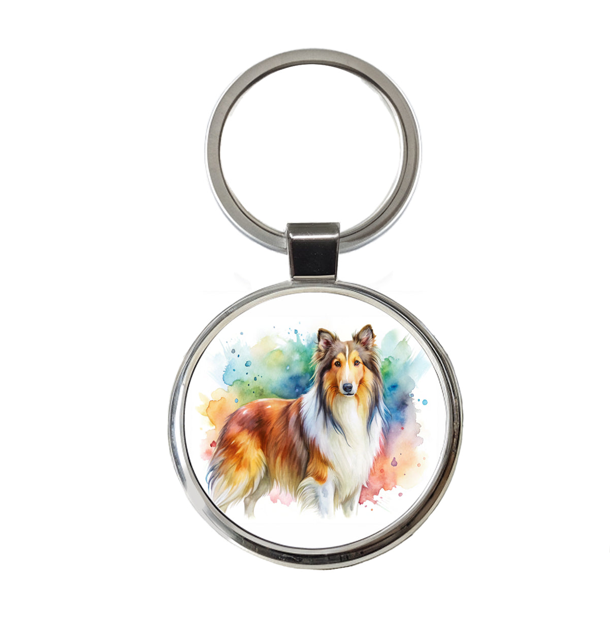 Collie Dog Watercolor Style Round Metal Keychain