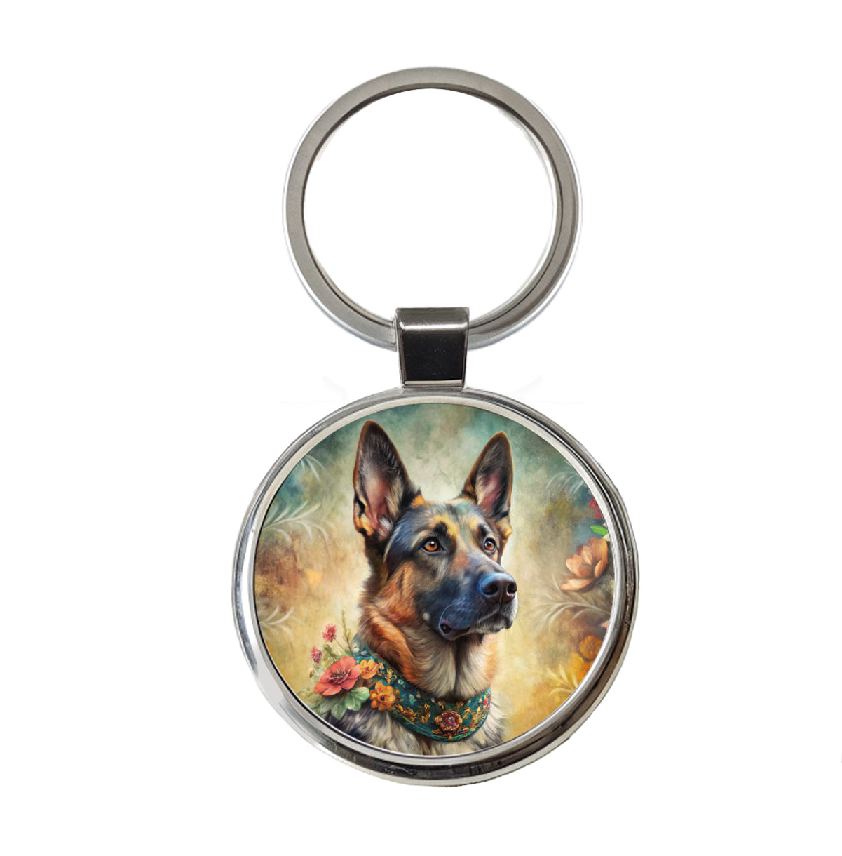 German Shepherd Dog French Bohemian Art Round Metal Keychain
