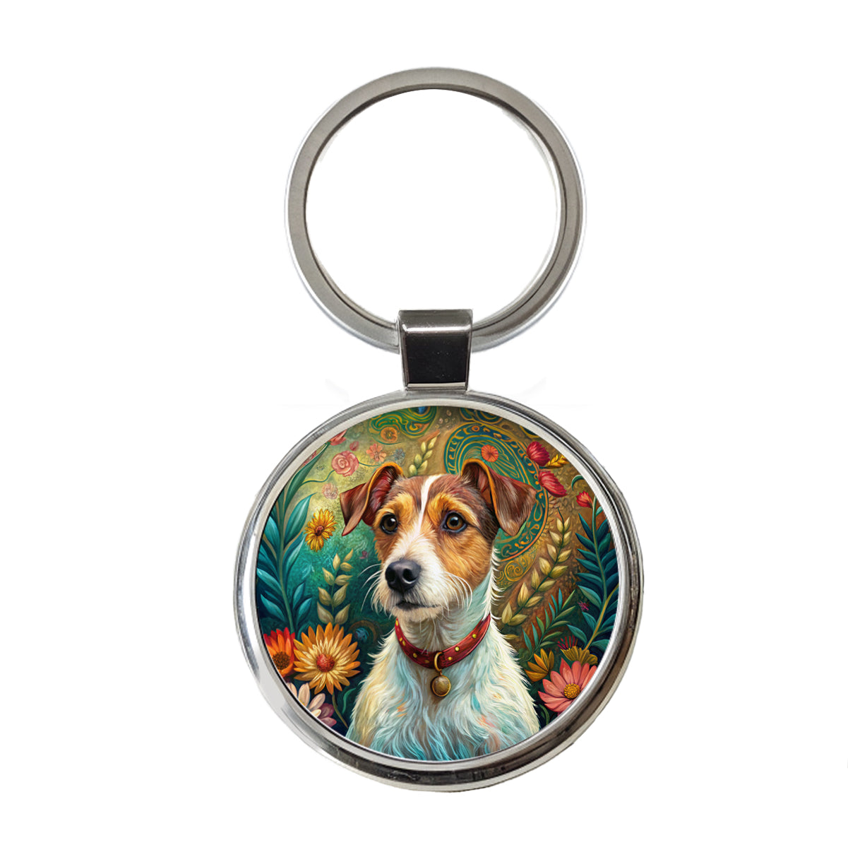 Jack Russell Terrier Dog French Bohemian Art Round Metal Keychain