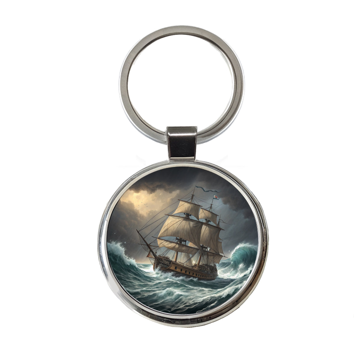 18th Century Sailing Ship Frigate In A Stormy Sea Round Metal Keychain
