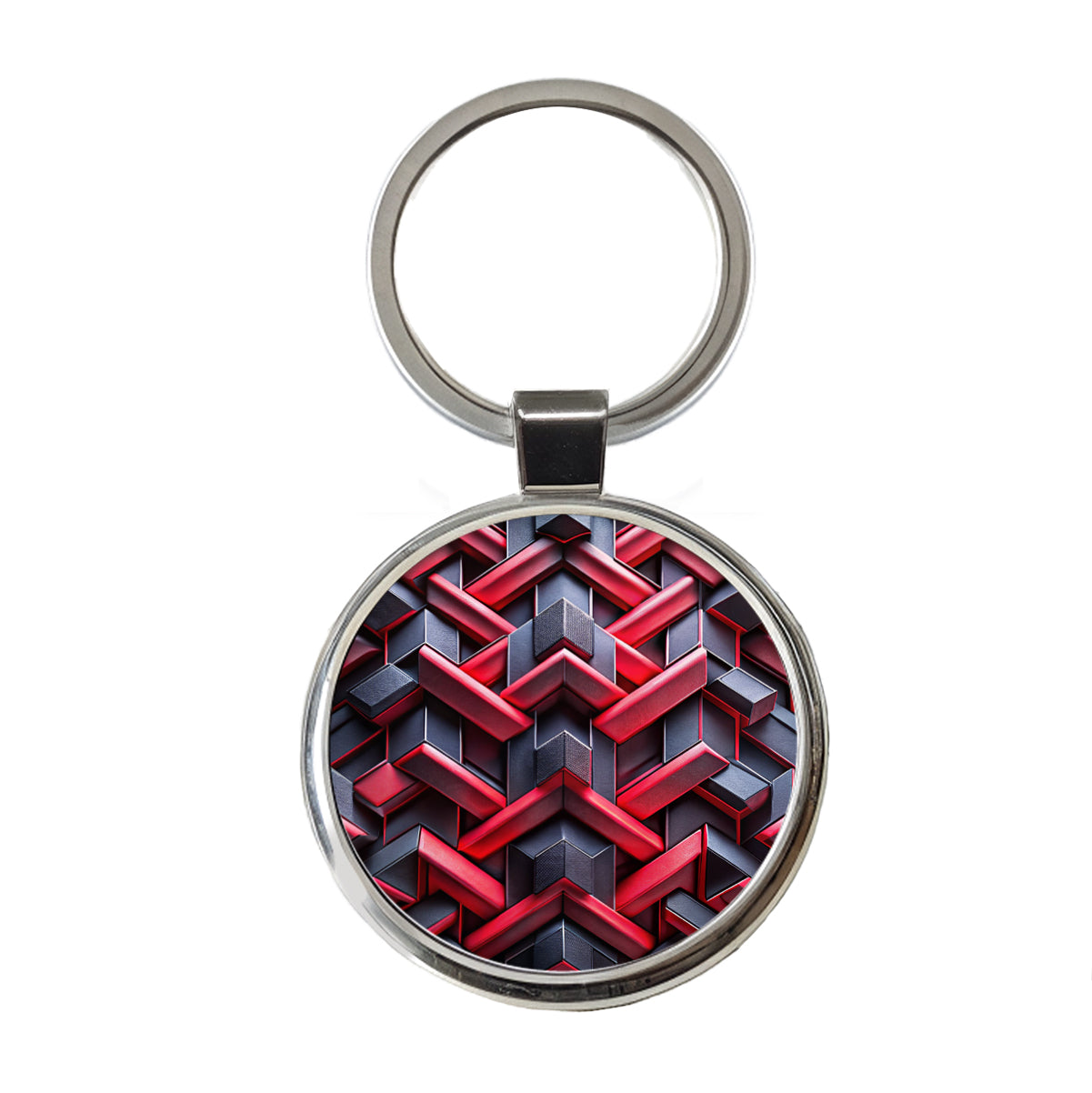 Chunky Angular Black And Red Design Pattern Round Metal Keychain