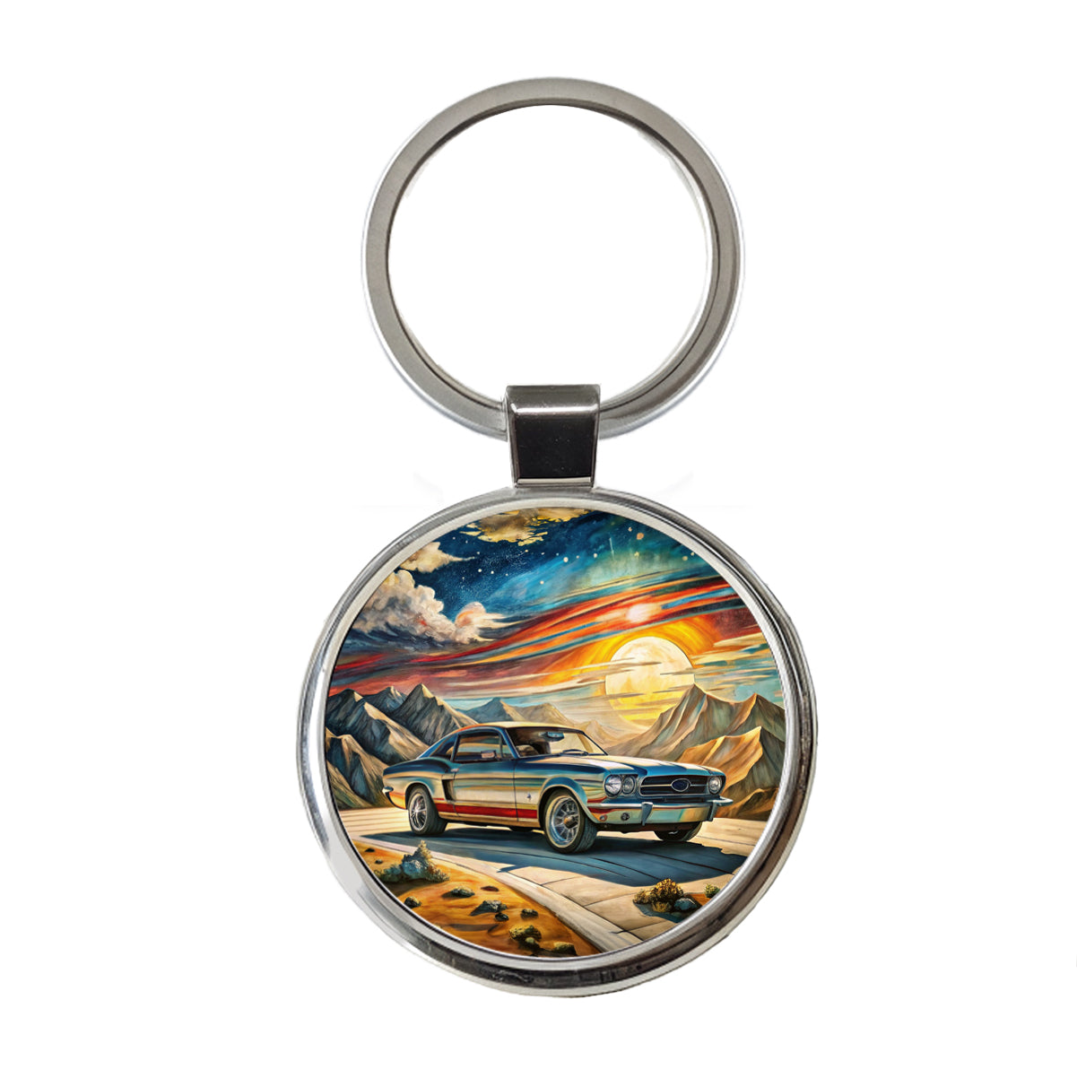 Classic Retro Muscle Car Art Round Metal Keychain