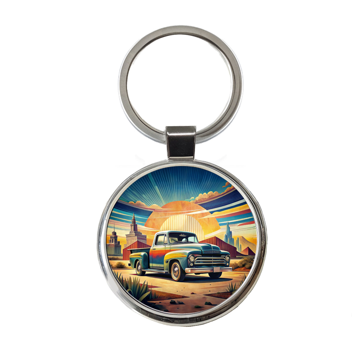 Classic Retro Truck Art Round Metal Keychain
