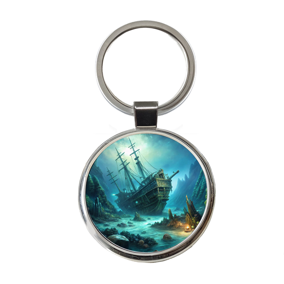 Pirate Ship Shipwreck Under The Ocean Round Metal Keychain