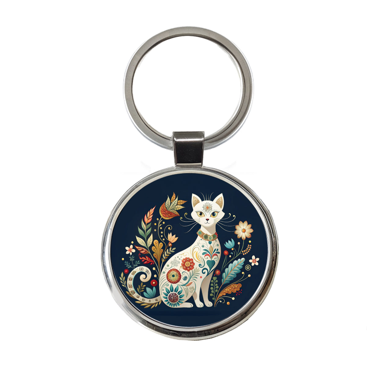 Stylized White Cat Floral Design Round Metal Keychain