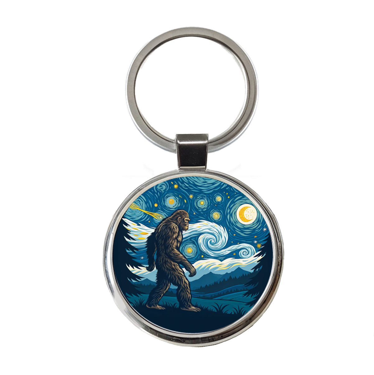 Big Foot Van Gogh Starry Night Round Metal Keychain