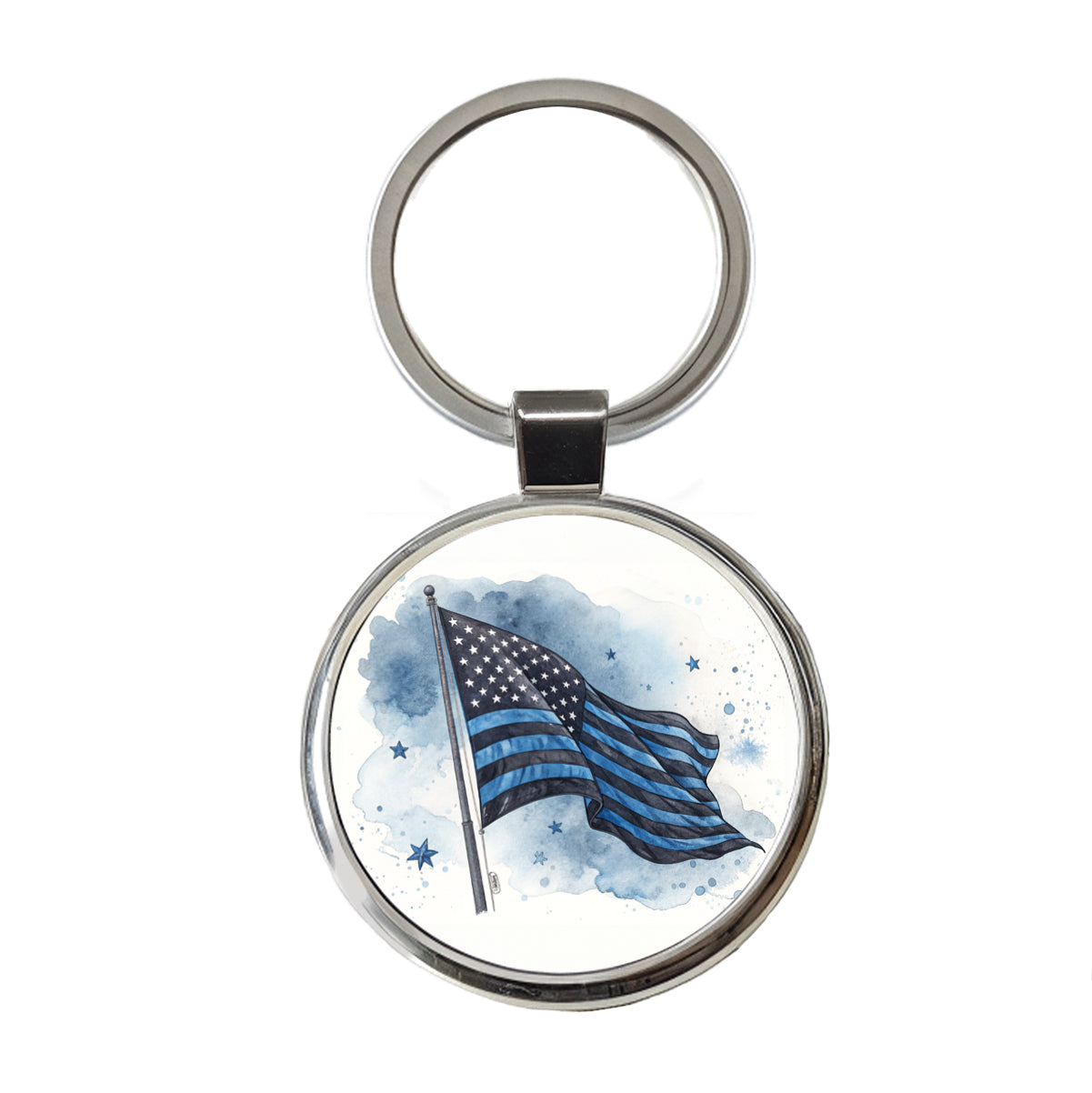 Black Blue Waving American Flag Watercolor USA United States Round Metal Keychain