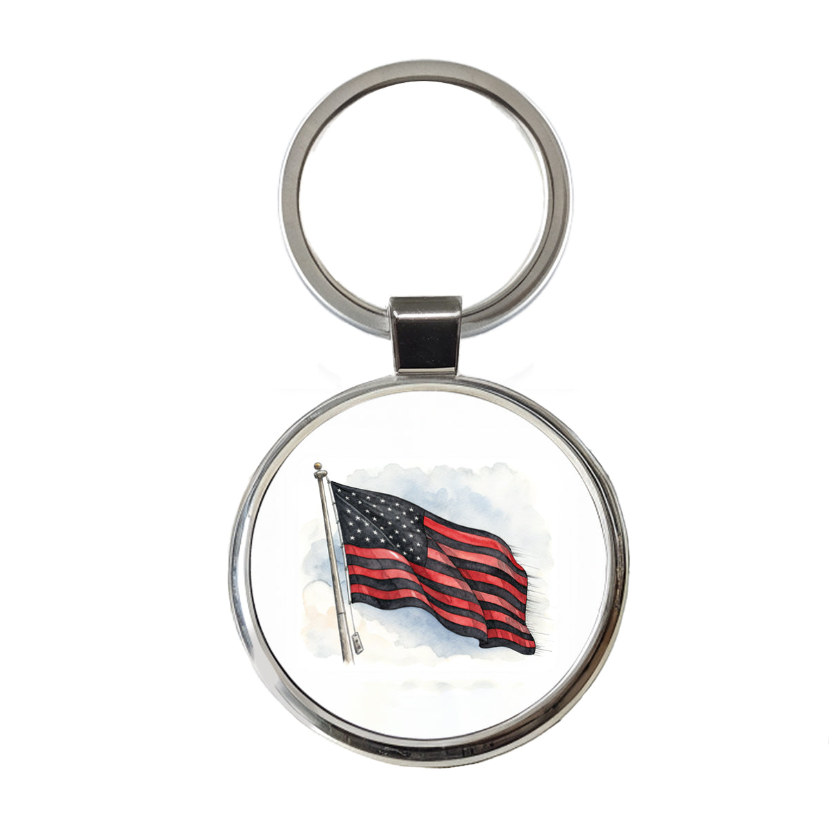Black Red Waving American Flag Watercolor USA United States Round Metal Keychain