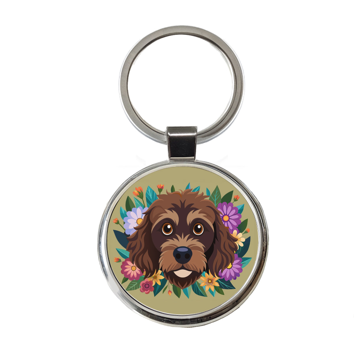 Brown Labradoodle Head Floral Motif Dog Cute Round Metal Keychain