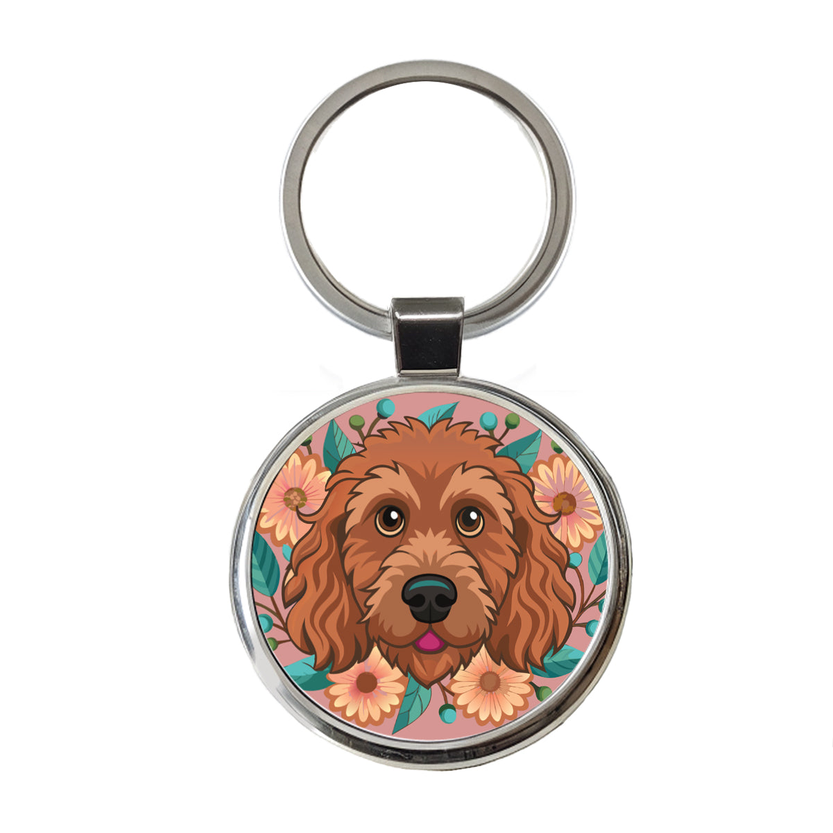 Brown Labradoodle Head Floral Motif Dog Pink Background Round Metal Keychain