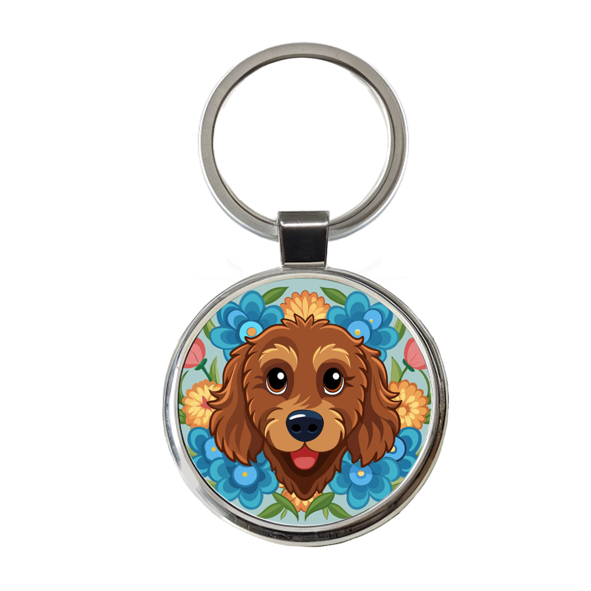 Brown Labradoodle Head Floral Motif Dog Round Metal Keychain