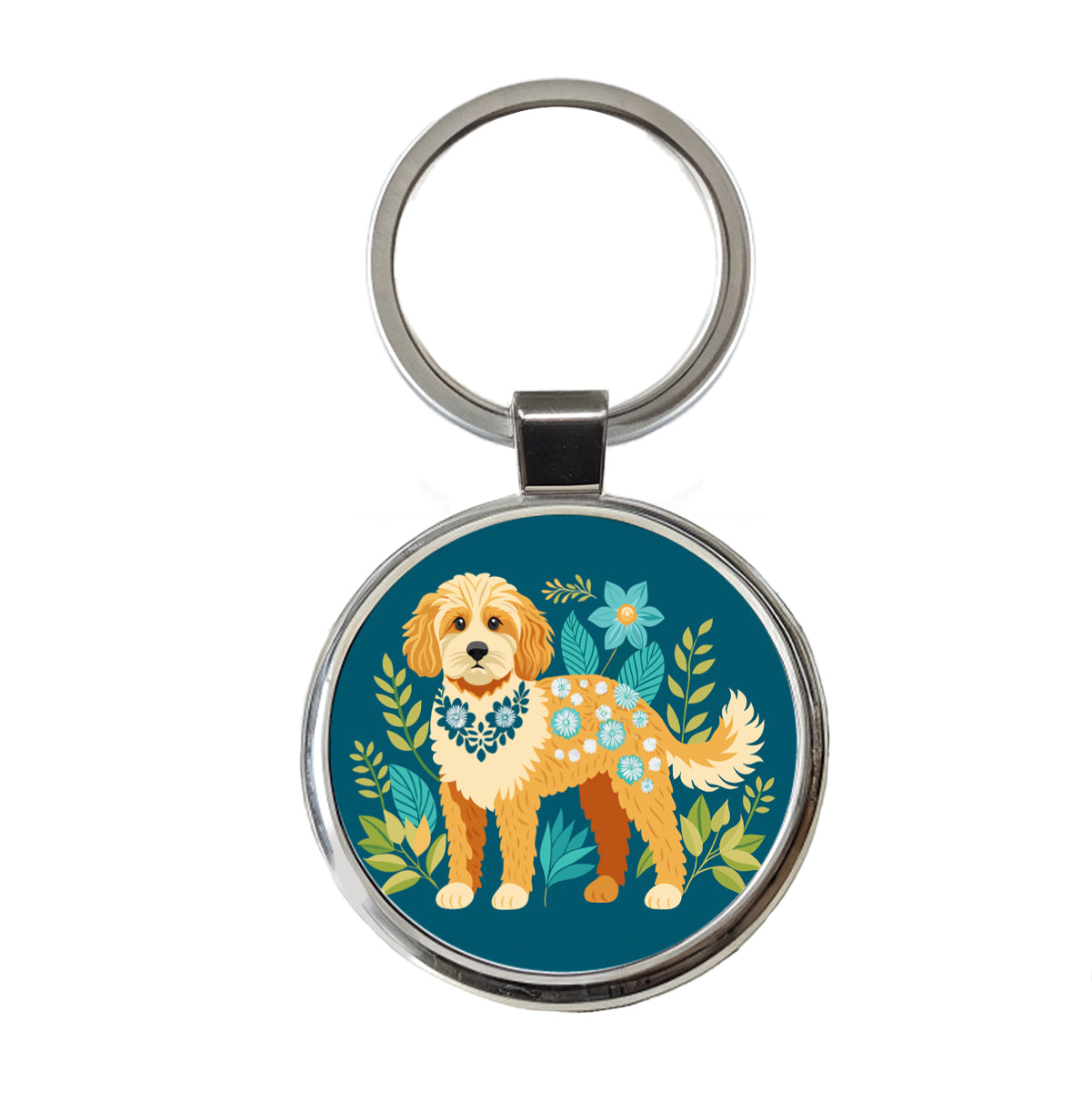 Cavapoo Floral Motif Dog Round Metal Keychain