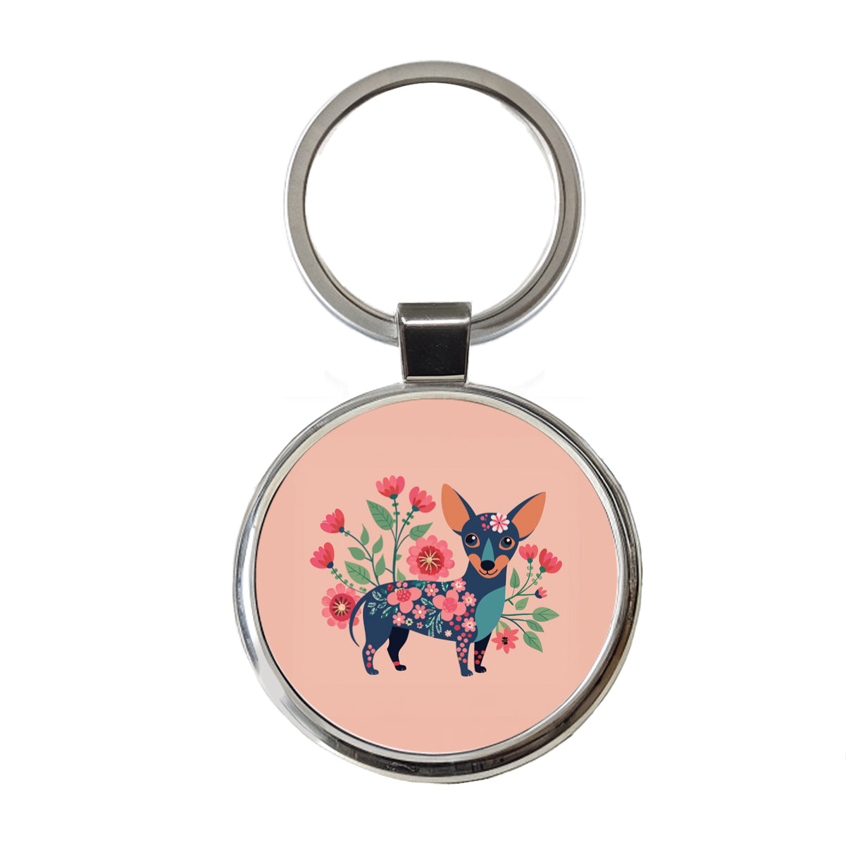 Chiweenie Floral Motif Pink Cute Dog Round Metal Keychain