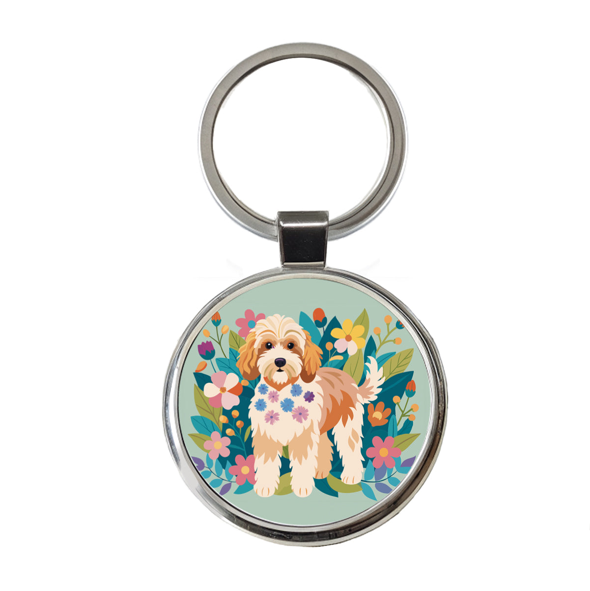 Cockapoo Floral Motif Dog Round Metal Keychain
